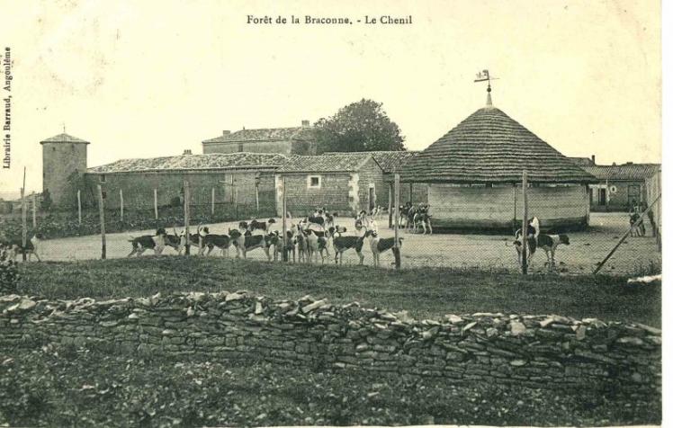 Cette photo du début du XX ème siècle montre le chenil qui servait à enfermer les meutes de chiens de chasse à courre. Les meutes étaient bénies dans la petite chapelle des Frauds, située juste à côté du chenil. On aperçoit, derrière, le Logis des Frauds.