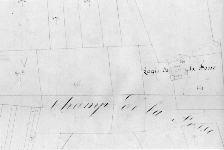 Sur le cadastre du XVIII ème siècle, le Logis de la Fosse apparaît bien. (Archives Départementales)